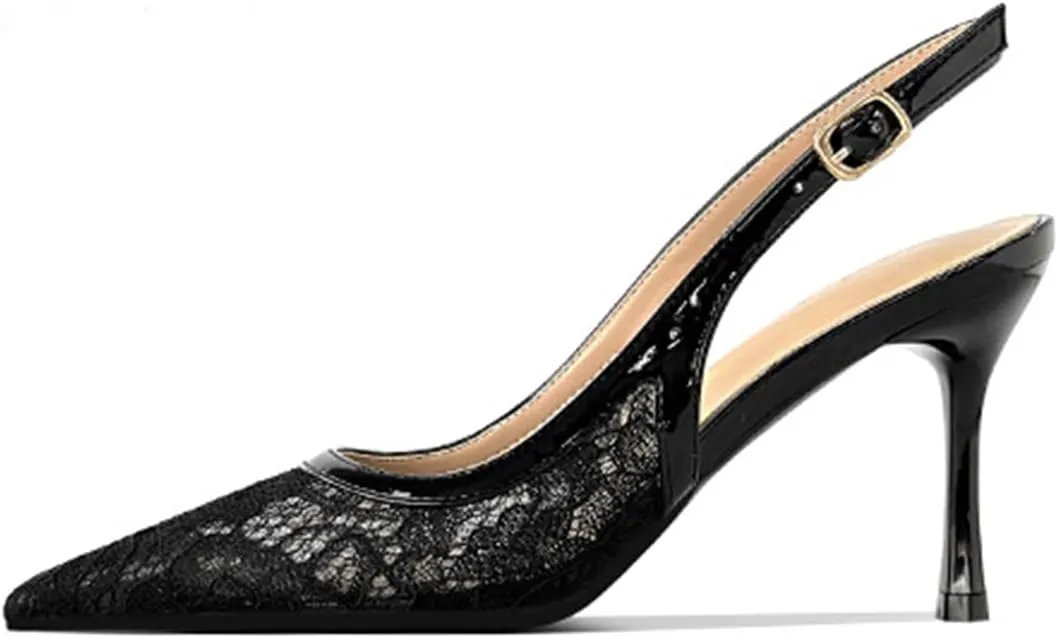 Fashion Lace Slingback Pumps Shoes for Women Pointed Toe Stiletto Heels