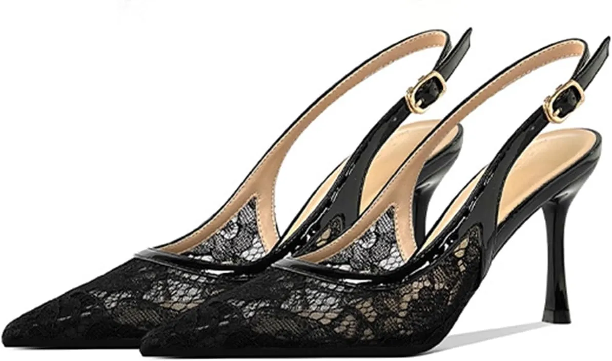 Fashion Lace Slingback Pumps Shoes for Women Pointed Toe Stiletto Heels