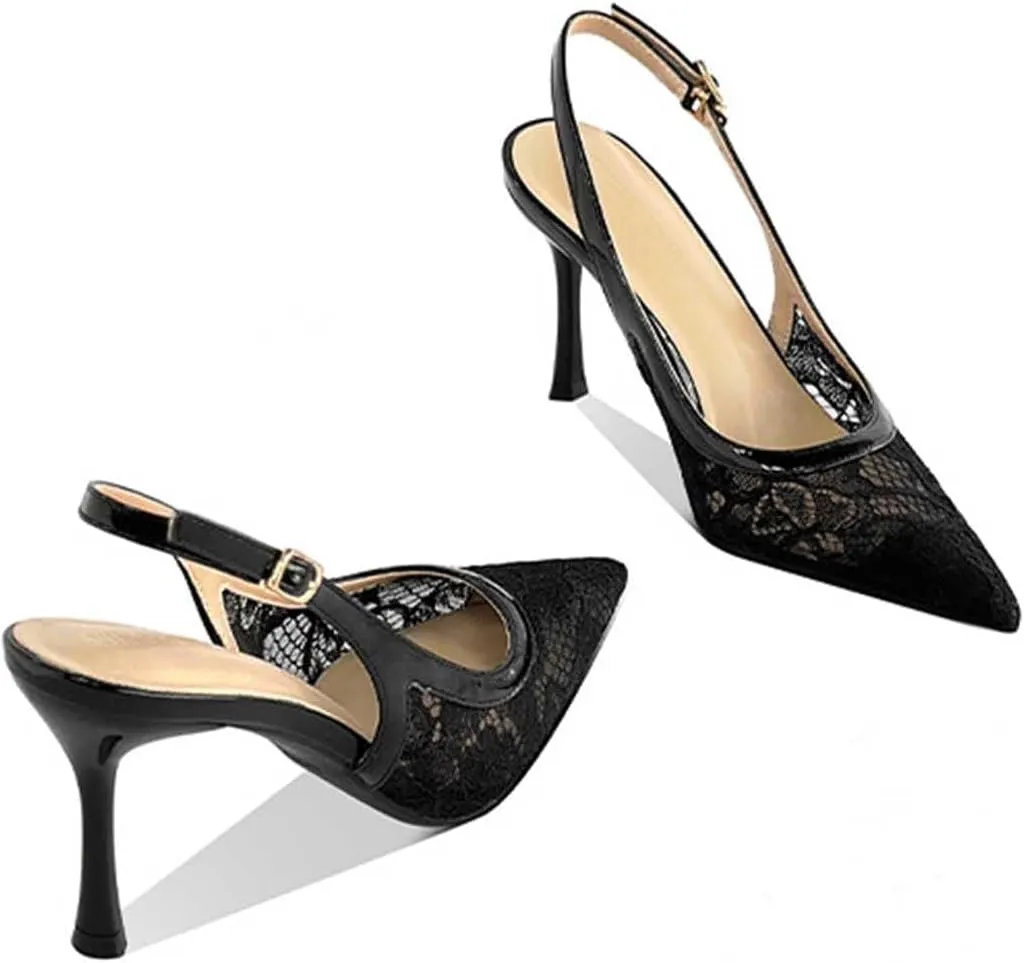 Fashion Lace Slingback Pumps Shoes for Women Pointed Toe Stiletto Heels