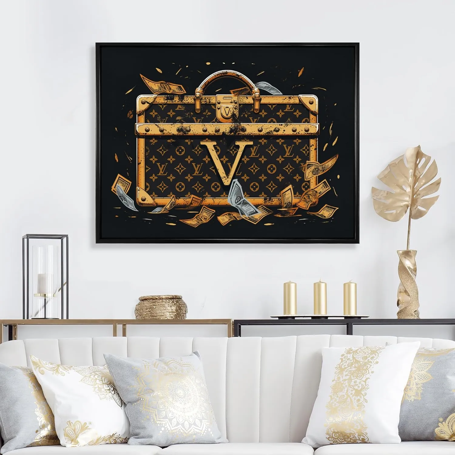 Fashion Oversized framed wall art decor, Fashion framed wall Art, Luxury Handbags in Gold, Gold Glam black framed wall art, 32x16 inches black frame