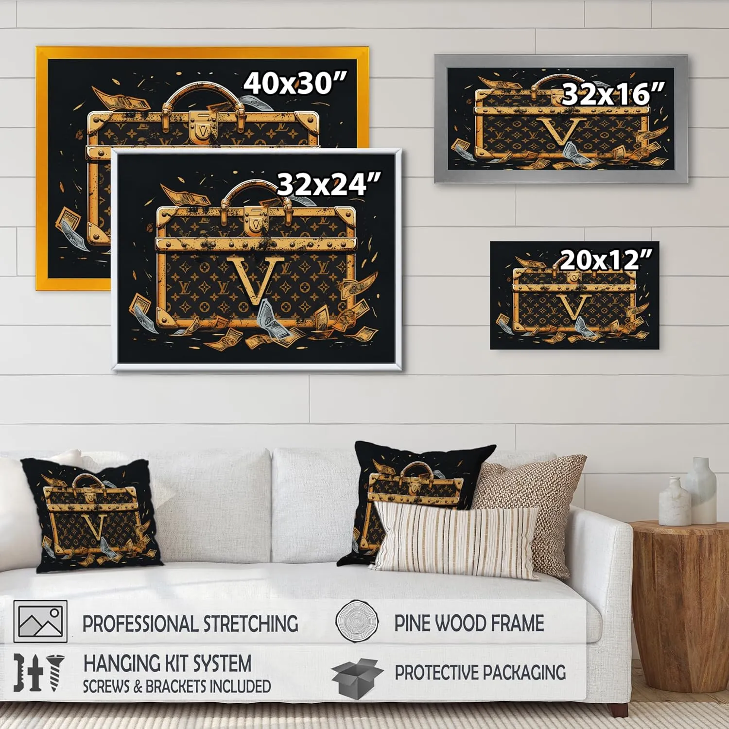 Fashion Oversized framed wall art decor, Fashion framed wall Art, Luxury Handbags in Gold, Gold Glam black framed wall art, 32x16 inches black frame
