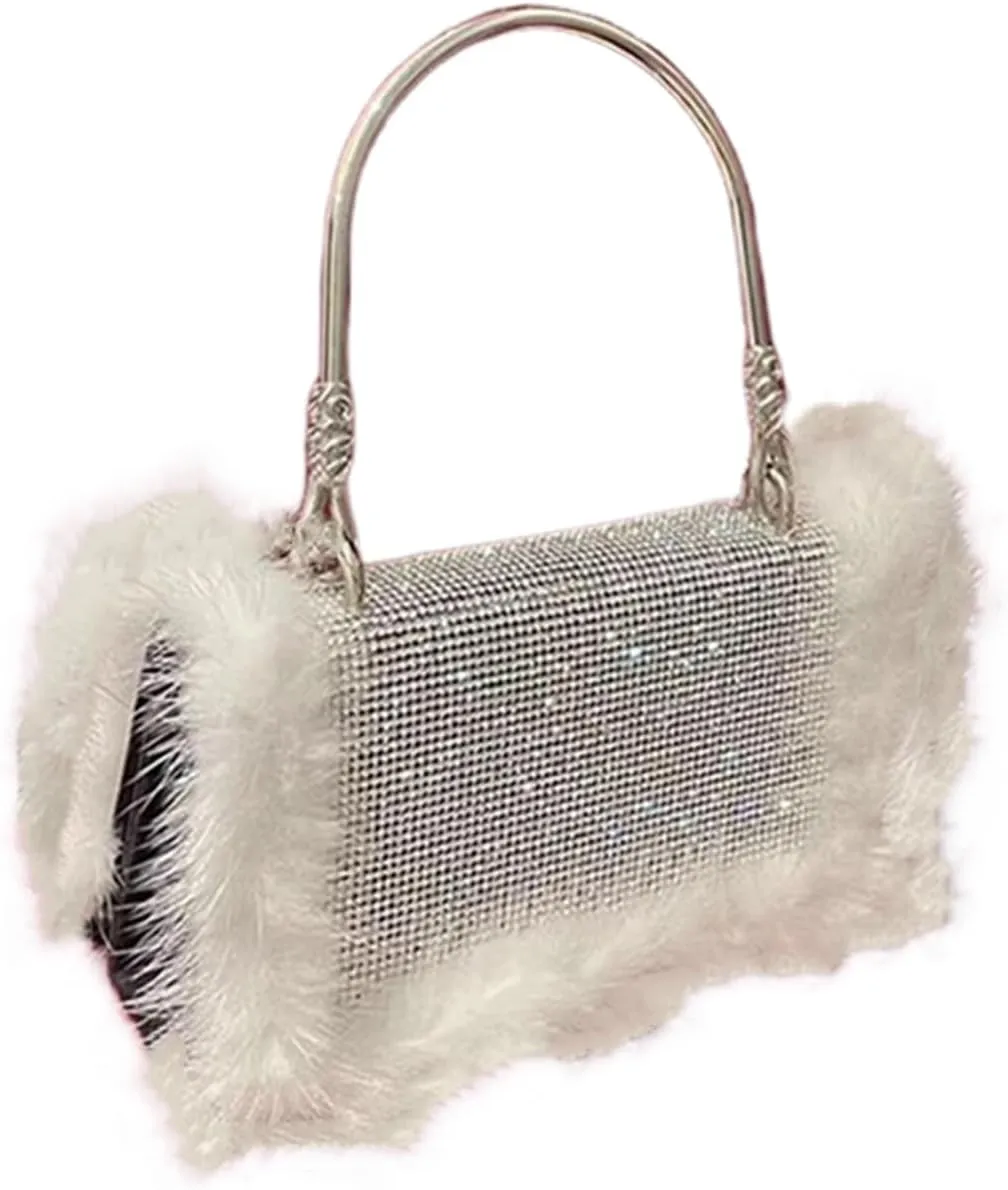 Fashion Velvet Evening Clutch with Elegant Crystal Handle Mini Shoulder Bag Crossbody Bag