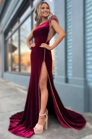 Fashion Wine Velvet Beaded Evening Dress One-Shoulder Long Formal Dress with Slit