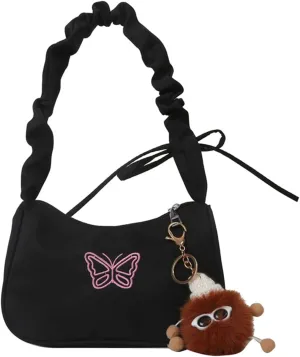 Fashion Women's Handbag Stylish Shoulder Bag with Embroidered Butterfly Accents and Zipper Closure, Black