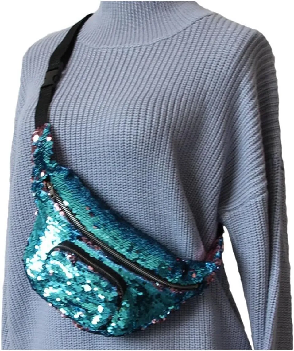 Fashionable Single Shoulder Travel Bag With Sparkly Sequins, Champagne Gold Personalized Fanny With Adjustable Strap, Foldable Versatile Crossbody Bag Accessory for Women Girls Unisex