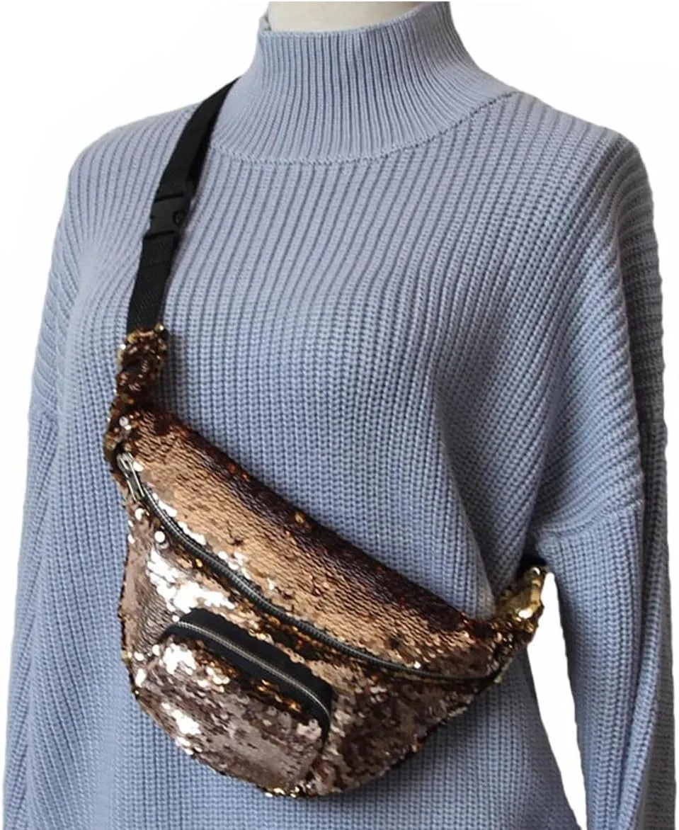 Fashionable Single Shoulder Travel Bag With Sparkly Sequins, Champagne Gold Personalized Fanny With Adjustable Strap, Foldable Versatile Crossbody Bag Accessory for Women Girls Unisex