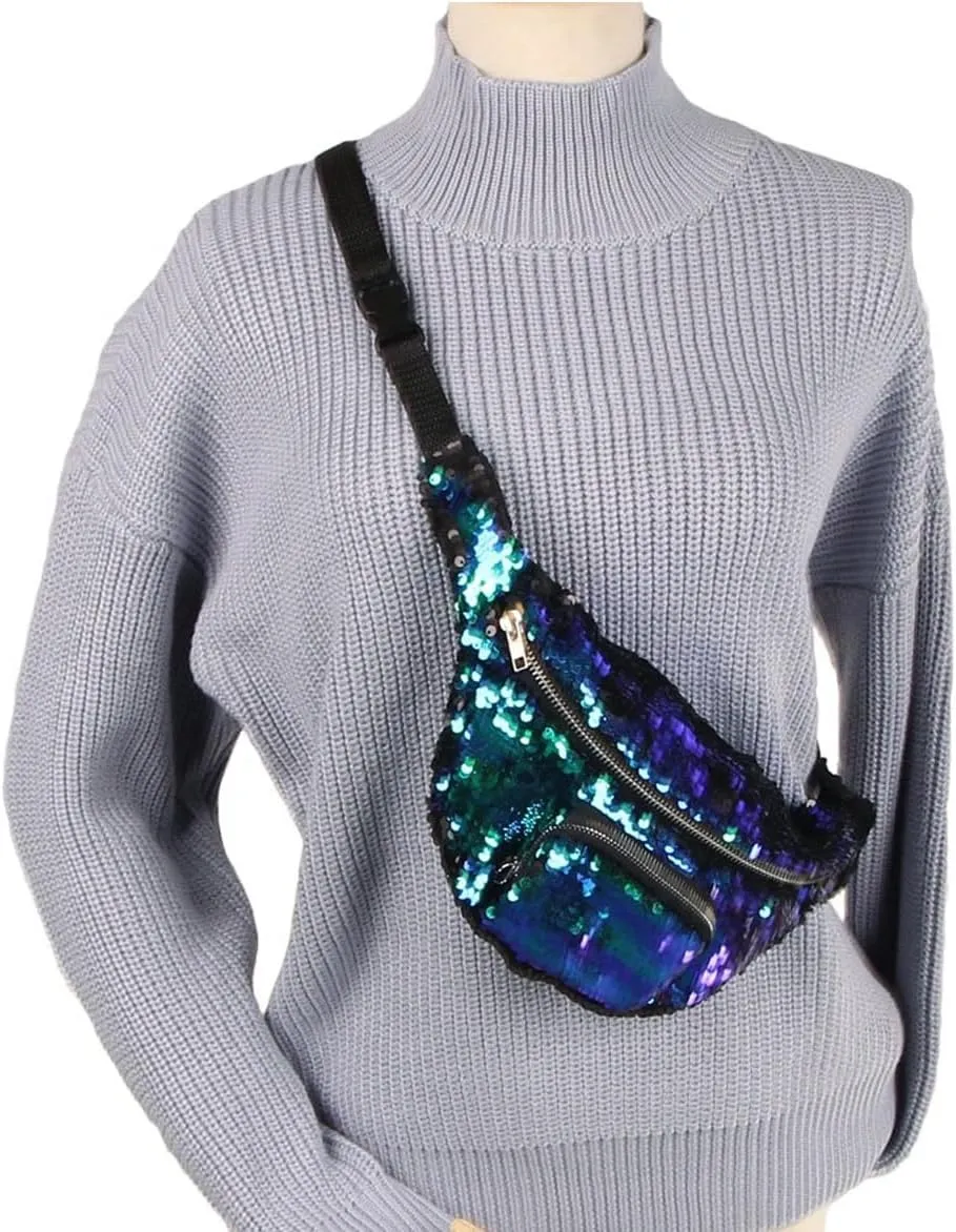 Fashionable Single Shoulder Travel Bag With Sparkly Sequins, Champagne Gold Personalized Fanny With Adjustable Strap, Foldable Versatile Crossbody Bag Accessory for Women Girls Unisex