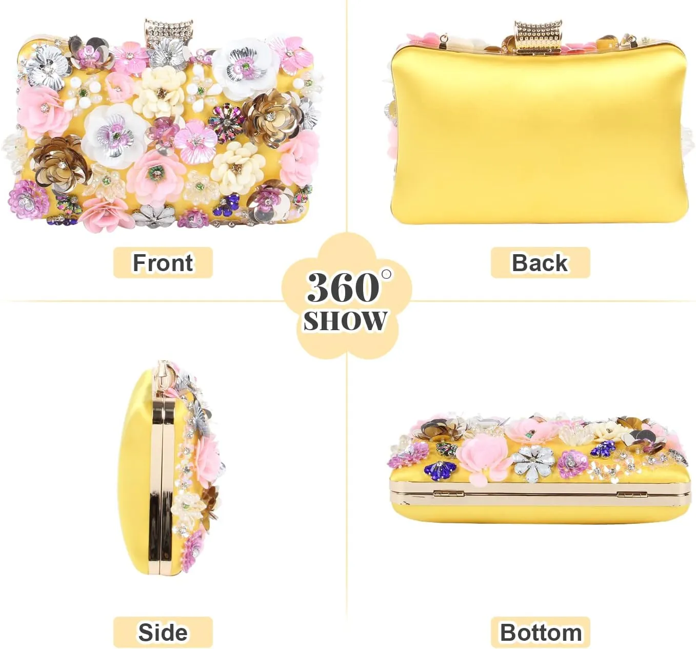 Fecialy Women's Floral Evening Handbags Colorful Rhinestone Clutch Purses Floral Bride Wedding Handbag Chain Shoulder Bag
