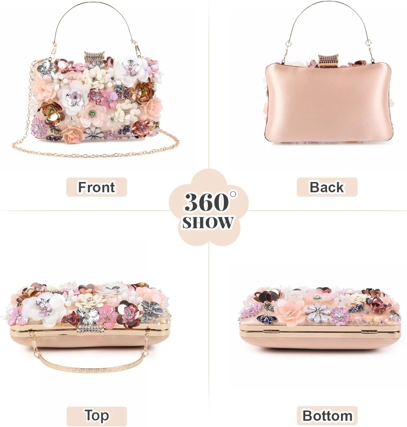 Fecialy Women's Floral Evening Handbags Colorful Rhinestone Clutch Purses Floral Bride Wedding Handbag Chain Shoulder Bag