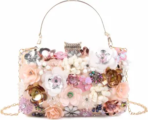 Fecialy Women's Floral Evening Handbags Colorful Rhinestone Clutch Purses Floral Bride Wedding Handbag Chain Shoulder Bag