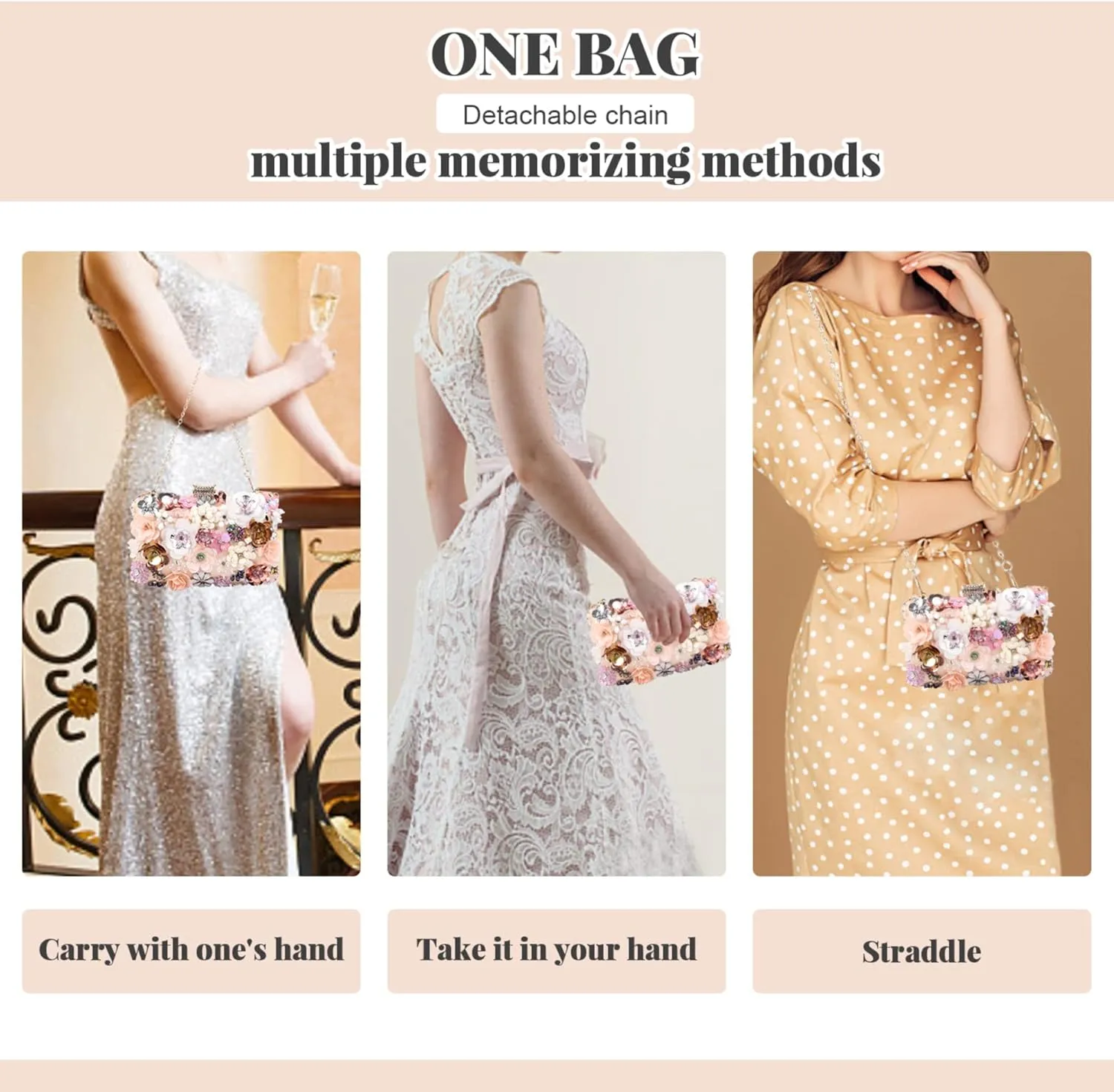 Fecialy Women's Floral Evening Handbags Colorful Rhinestone Clutch Purses Floral Bride Wedding Handbag Chain Shoulder Bag