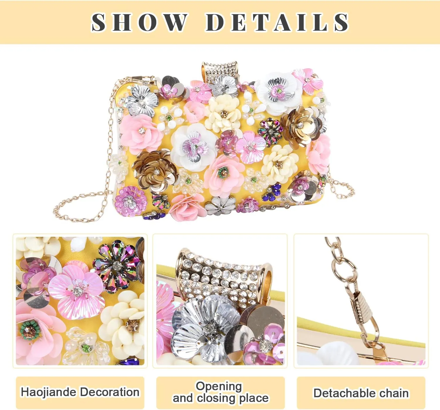 Fecialy Women's Floral Evening Handbags Colorful Rhinestone Clutch Purses Floral Bride Wedding Handbag Chain Shoulder Bag