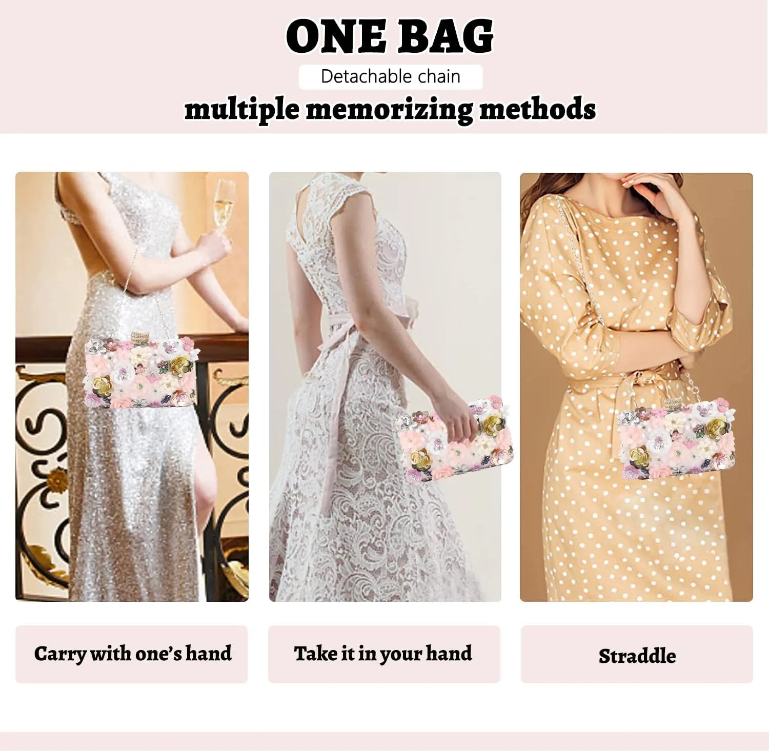 Fecialy Women's Floral Evening Handbags Colorful Rhinestone Clutch Purses Floral Bride Wedding Handbag Chain Shoulder Bag