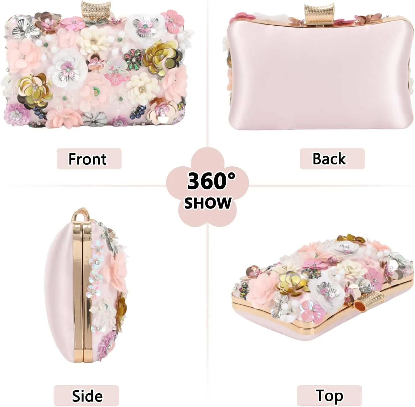 Fecialy Women's Floral Evening Handbags Colorful Rhinestone Clutch Purses Floral Bride Wedding Handbag Chain Shoulder Bag