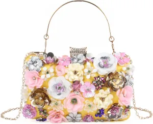 Fecialy Women's Floral Evening Handbags Colorful Rhinestone Clutch Purses Floral Bride Wedding Handbag Chain Shoulder Bag