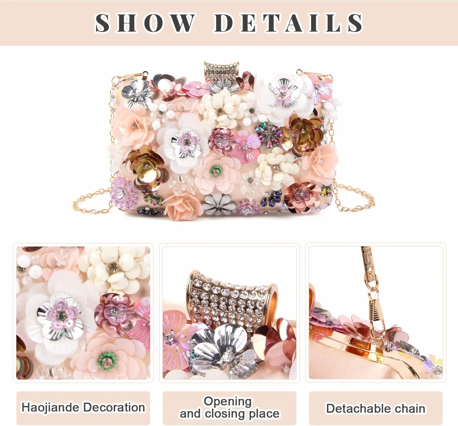 Fecialy Women's Floral Evening Handbags Colorful Rhinestone Clutch Purses Floral Bride Wedding Handbag Chain Shoulder Bag