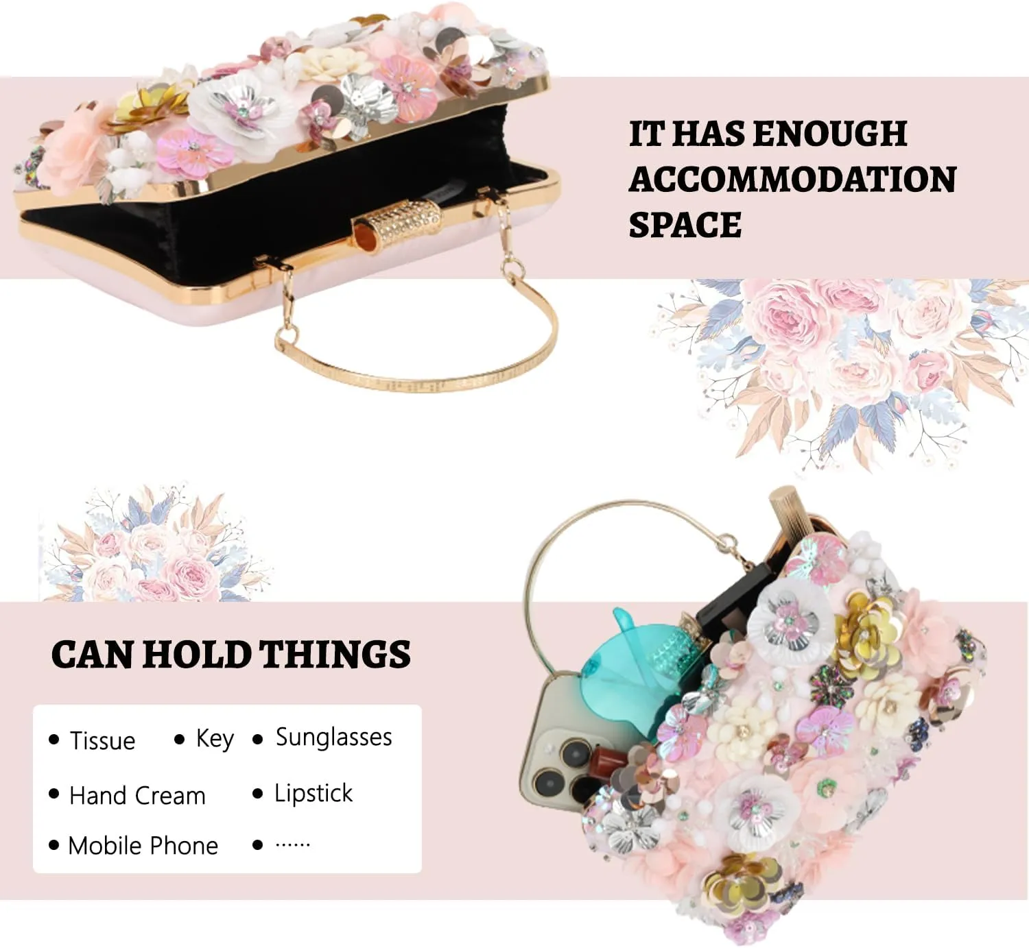 Fecialy Women's Floral Evening Handbags Colorful Rhinestone Clutch Purses Floral Bride Wedding Handbag Chain Shoulder Bag