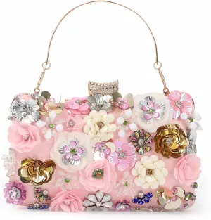 Fecialy Women's Floral Evening Handbags Colorful Rhinestone Clutch Purses Floral Bride Wedding Handbag Chain Shoulder Bag