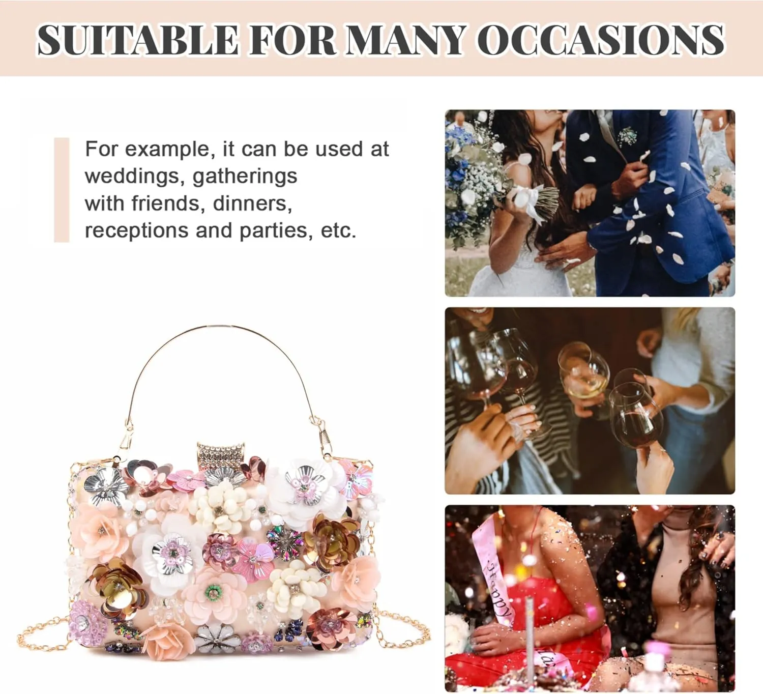 Fecialy Women's Floral Evening Handbags Colorful Rhinestone Clutch Purses Floral Bride Wedding Handbag Chain Shoulder Bag