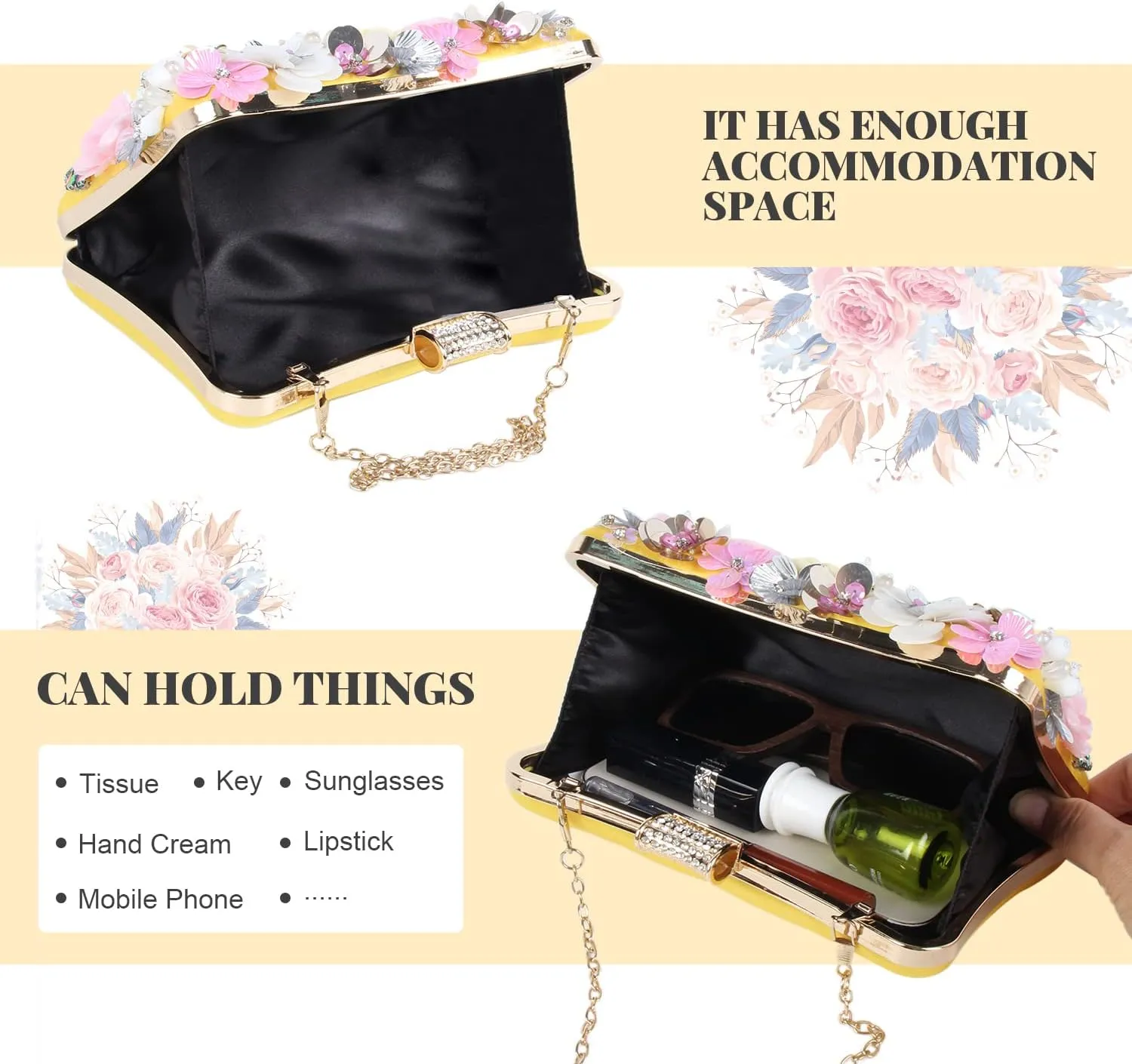Fecialy Women's Floral Evening Handbags Colorful Rhinestone Clutch Purses Floral Bride Wedding Handbag Chain Shoulder Bag