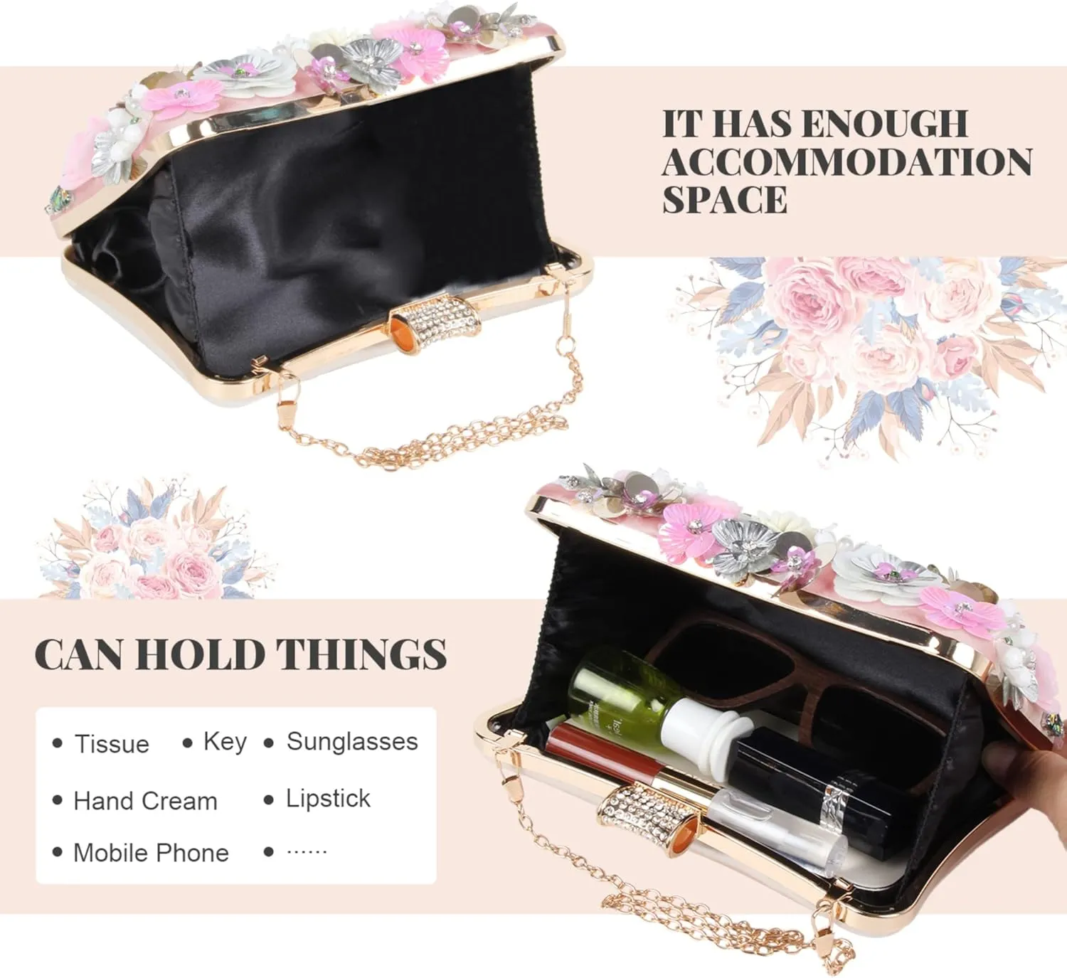 Fecialy Women's Floral Evening Handbags Colorful Rhinestone Clutch Purses Floral Bride Wedding Handbag Chain Shoulder Bag