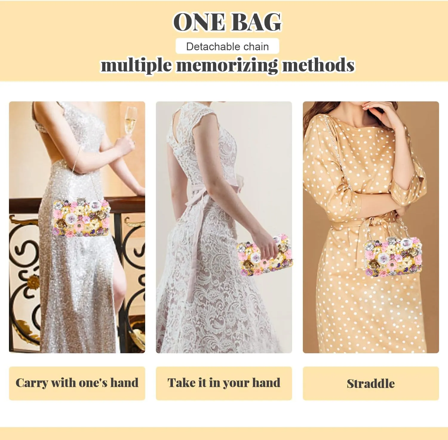 Fecialy Women's Floral Evening Handbags Colorful Rhinestone Clutch Purses Floral Bride Wedding Handbag Chain Shoulder Bag