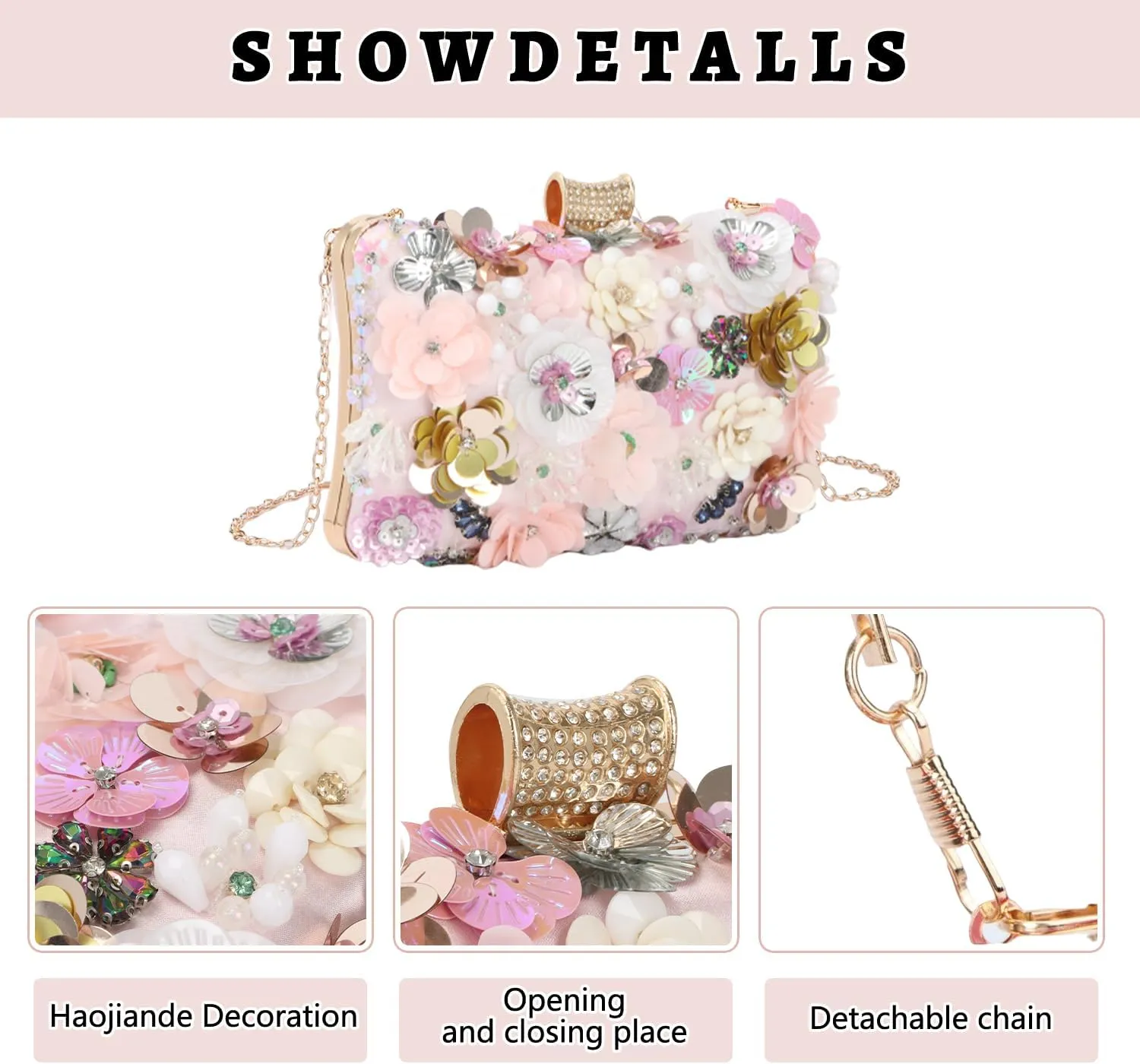 Fecialy Women's Floral Evening Handbags Colorful Rhinestone Clutch Purses Floral Bride Wedding Handbag Chain Shoulder Bag