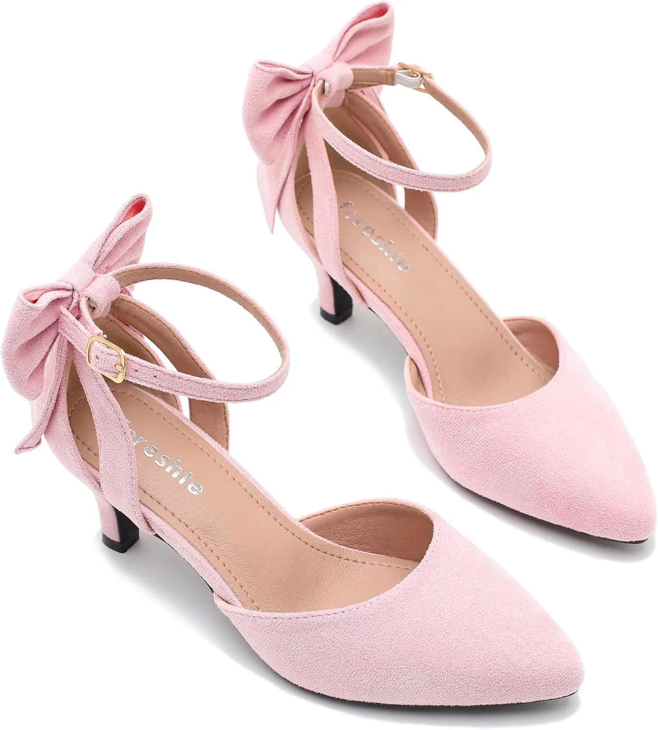fereshte Women's Wedding Evening Party Bow Kitten Heels Pumps Ankle Strap Buckle Dress Shoes