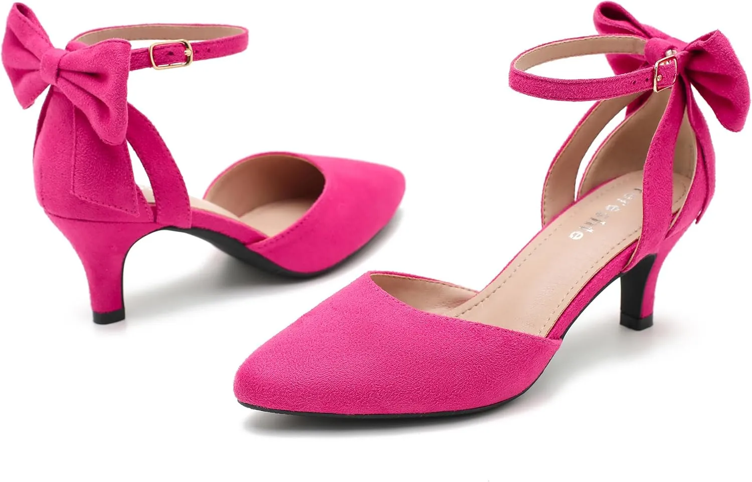 fereshte Women's Wedding Evening Party Bow Kitten Heels Pumps Ankle Strap Buckle Dress Shoes