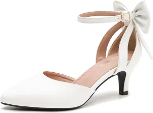 fereshte Women's Wedding Evening Party Bow Kitten Heels Pumps Ankle Strap Buckle Dress Shoes