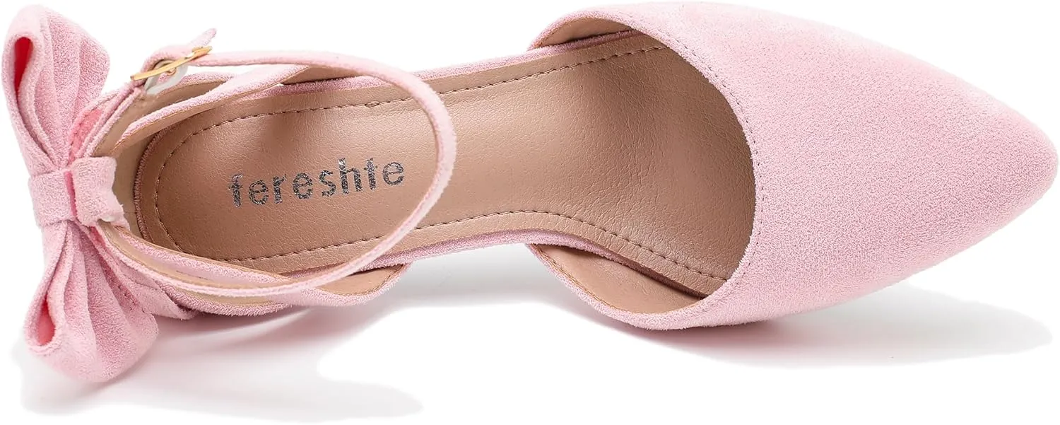 fereshte Women's Wedding Evening Party Bow Kitten Heels Pumps Ankle Strap Buckle Dress Shoes
