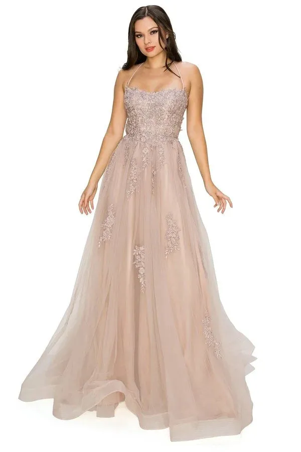 FINAL SALE: Women evening ball gown with lace and applique with open back