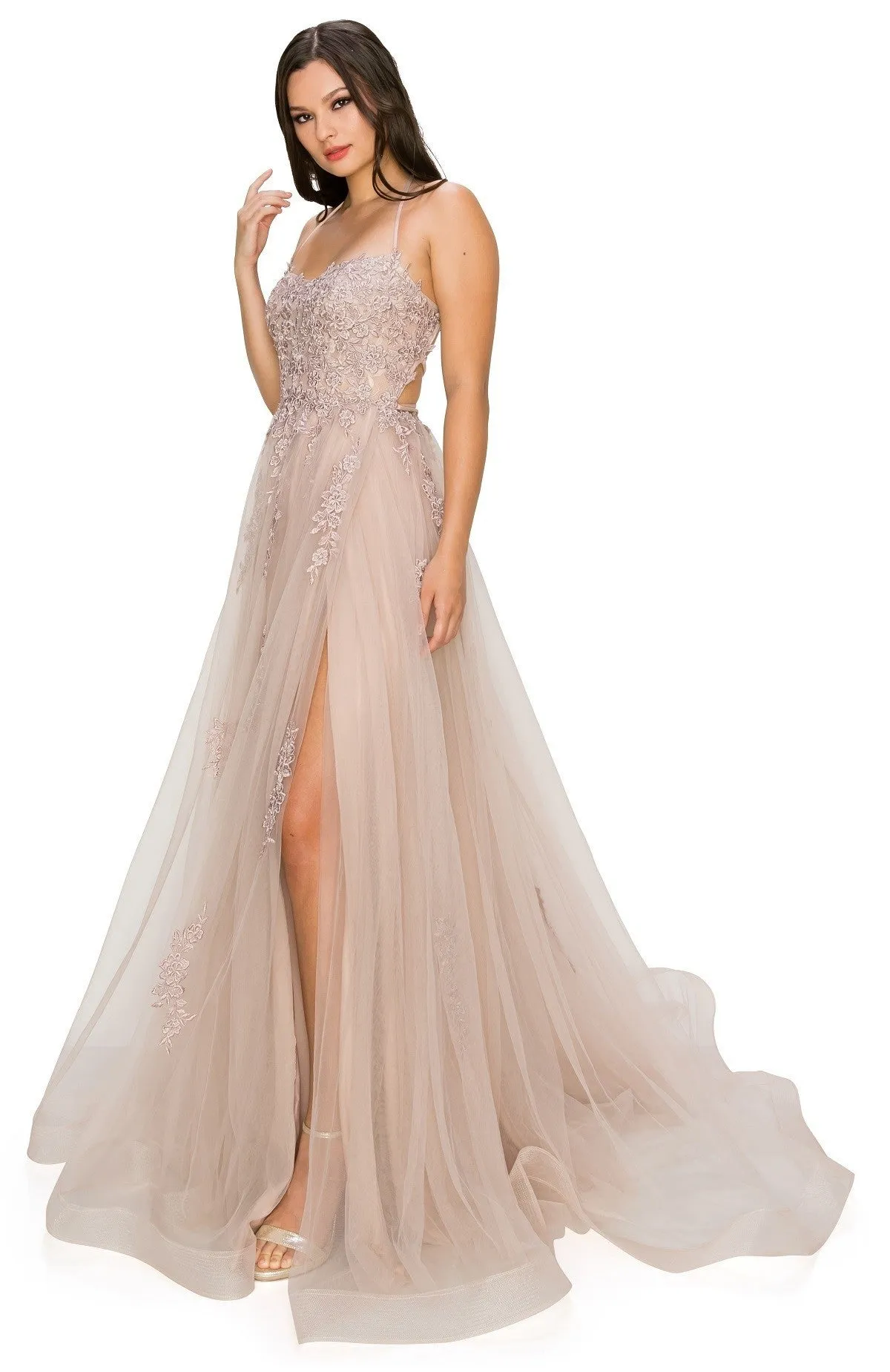 FINAL SALE: Women evening ball gown with lace and applique with open back