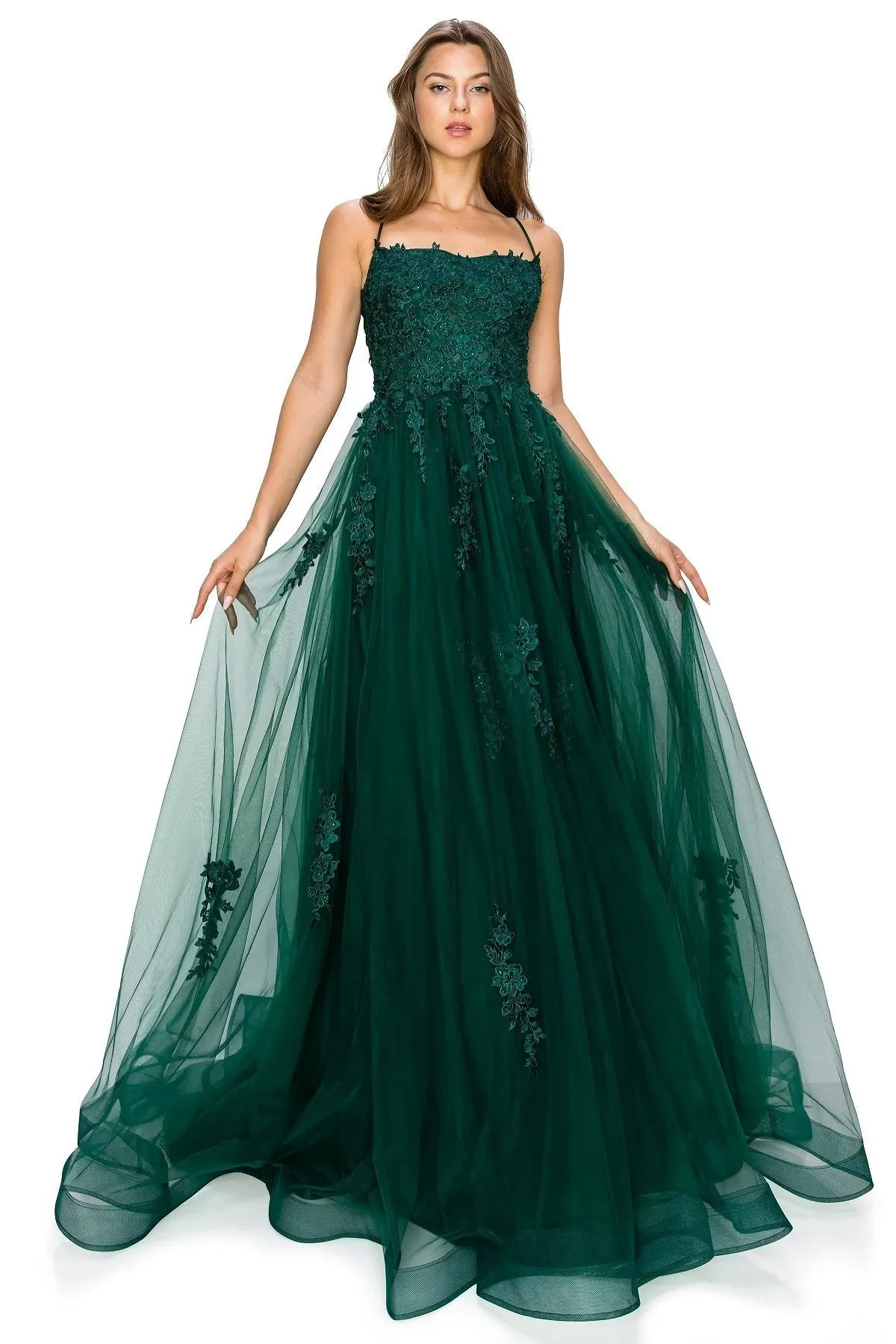 FINAL SALE: Women evening ball gown with lace and applique with open back