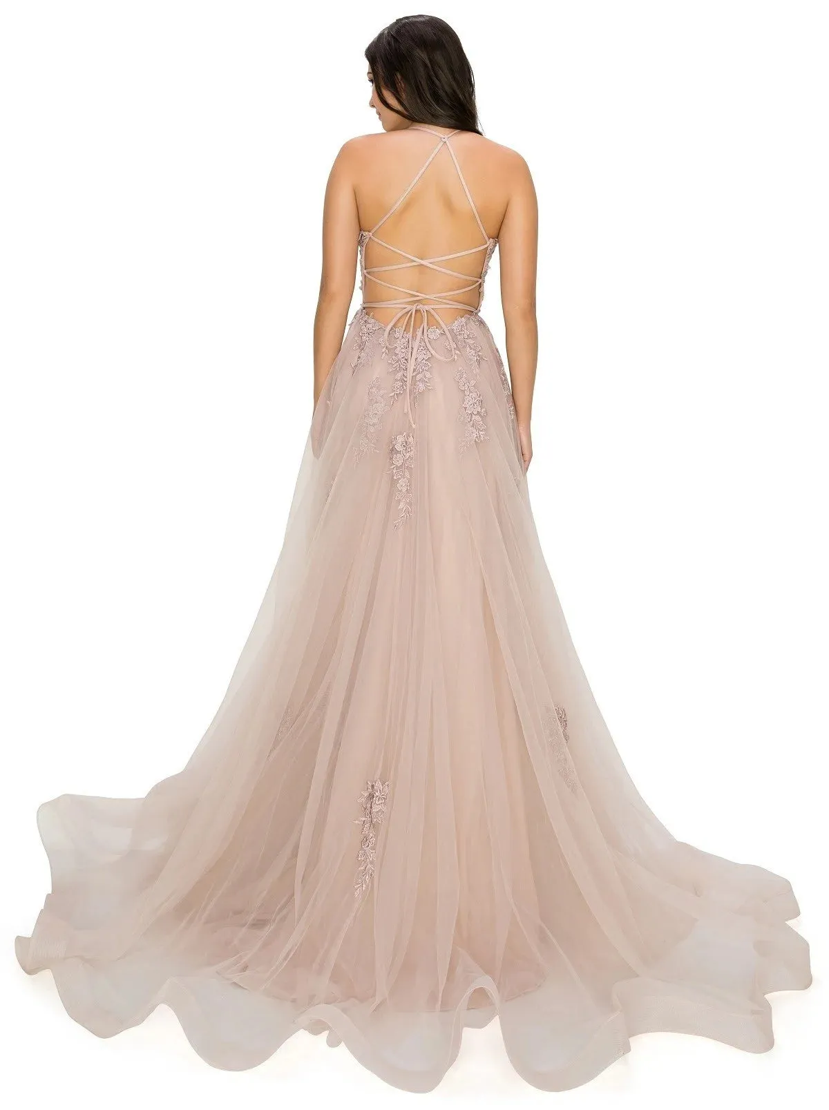 FINAL SALE: Women evening ball gown with lace and applique with open back