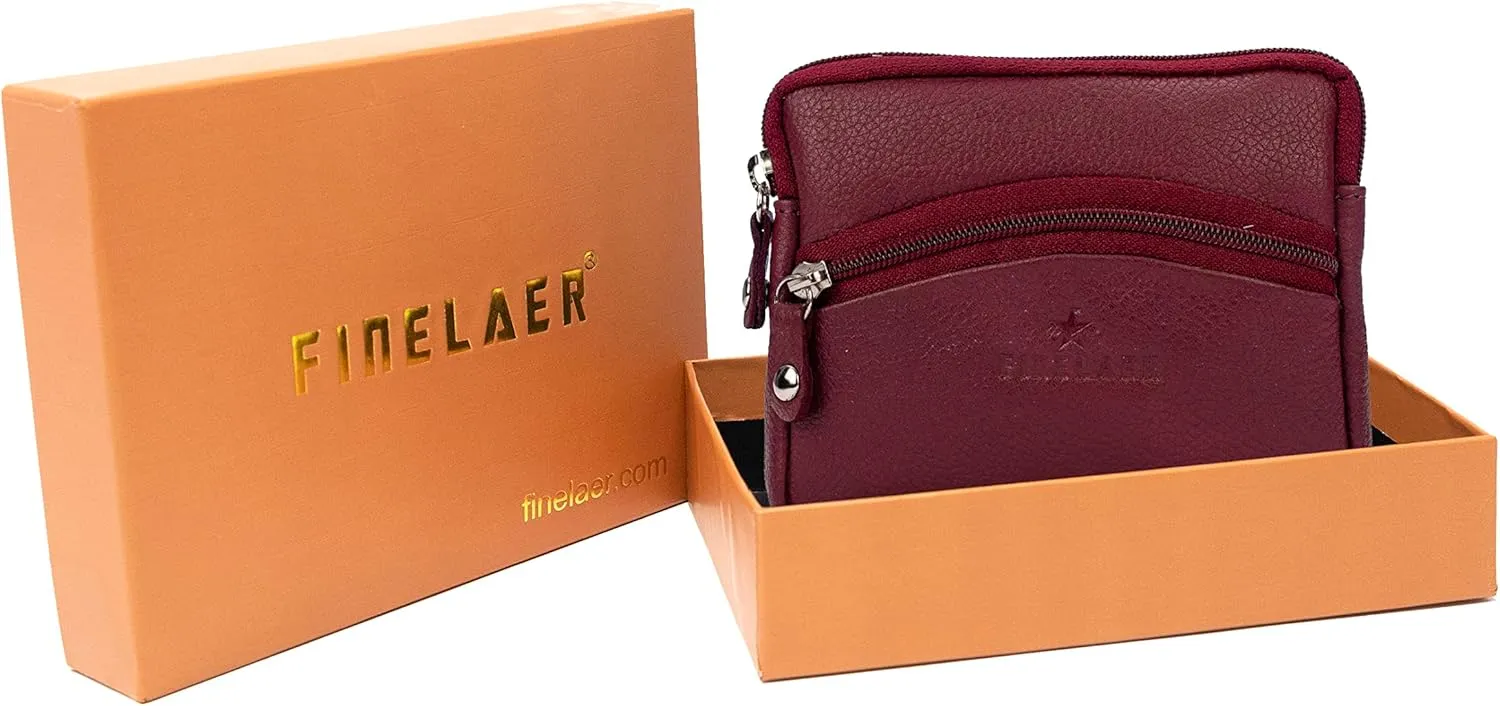 FINELAER Leather Coin Pouch Purse Wallet Change Pocket Size Holder Zipper For Men & Women (Maroon)