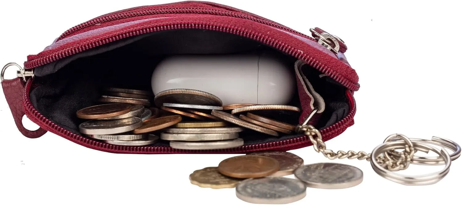 FINELAER Leather Coin Pouch Purse Wallet Change Pocket Size Holder Zipper For Men & Women (Maroon)