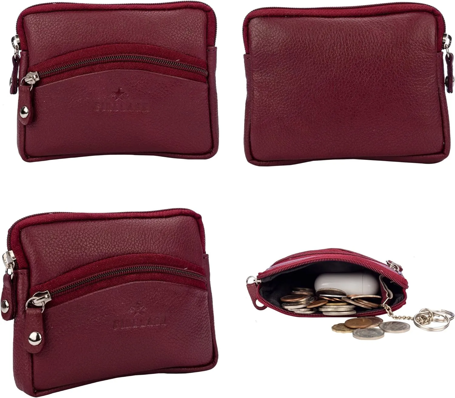 FINELAER Leather Coin Pouch Purse Wallet Change Pocket Size Holder Zipper For Men & Women (Maroon)