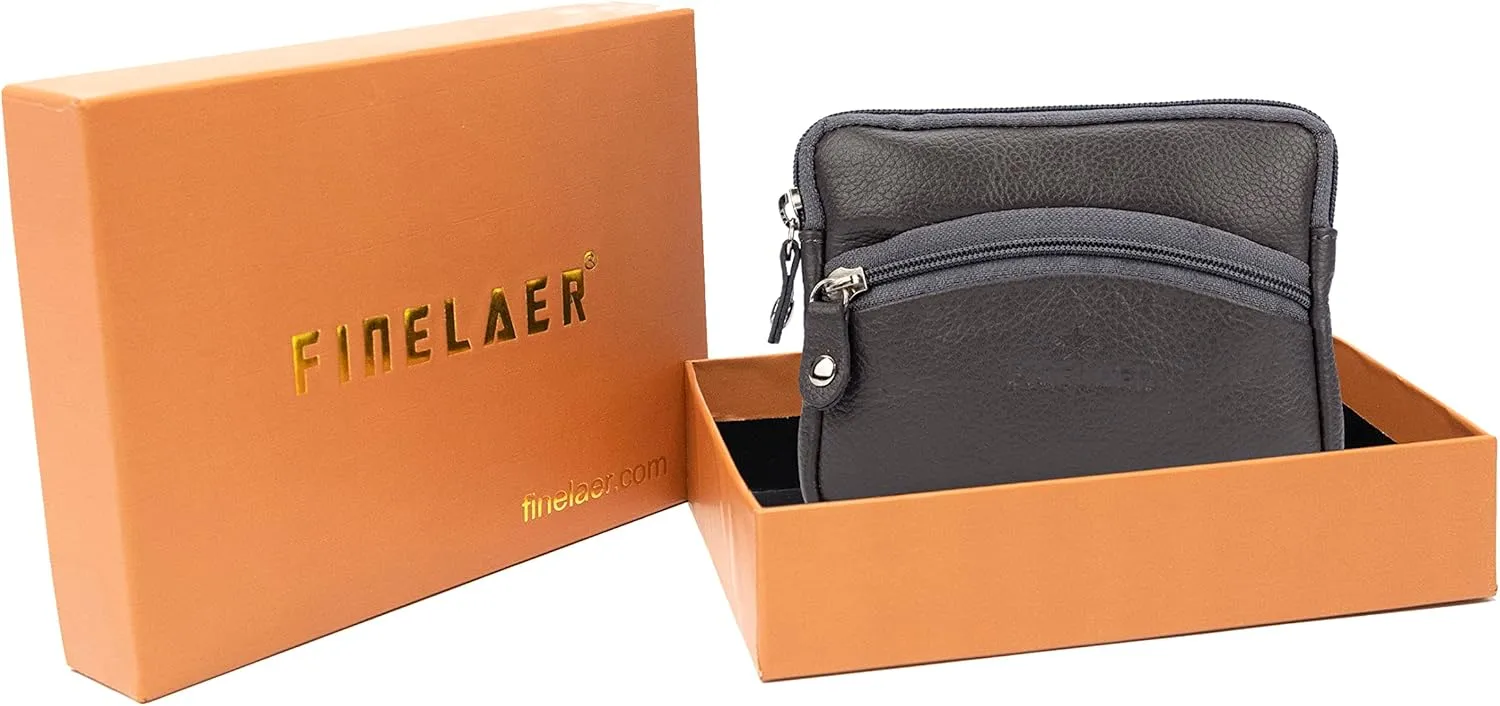 FINELAER Leather Coin Pouch Purse Wallet Change Pocket Size Holder Zipper For Men & Women