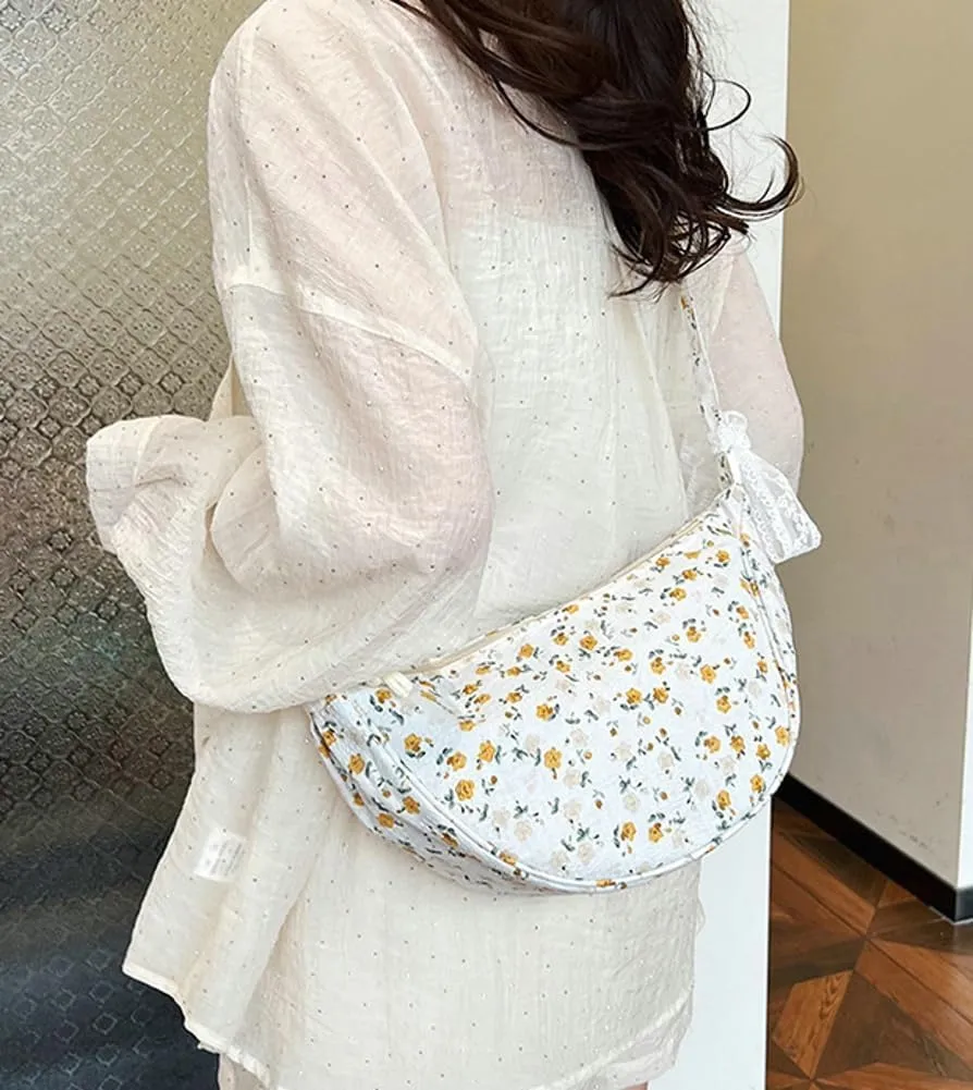 Floral Crossbody Bag for Women Cute Dumpling Shoulder Purse Small Totes Handbag Top Handle Satchel