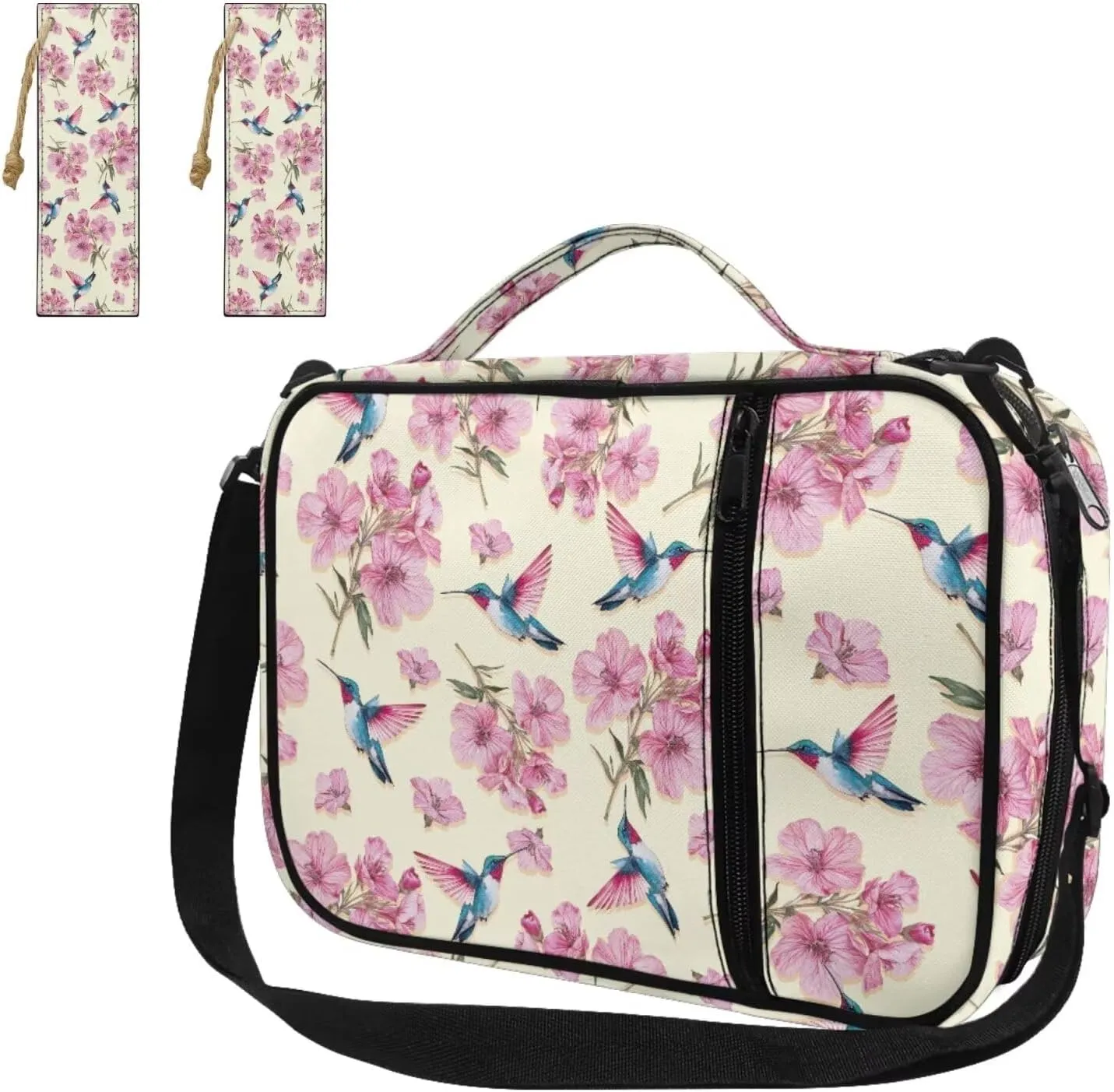 Floral Hummingbird Bible Carrying Case for Women with 2 Leather Bookmarks Big Girls Lightweight Waterproof Church Crossbody Bag for Standard and Large Study Bible,Pink