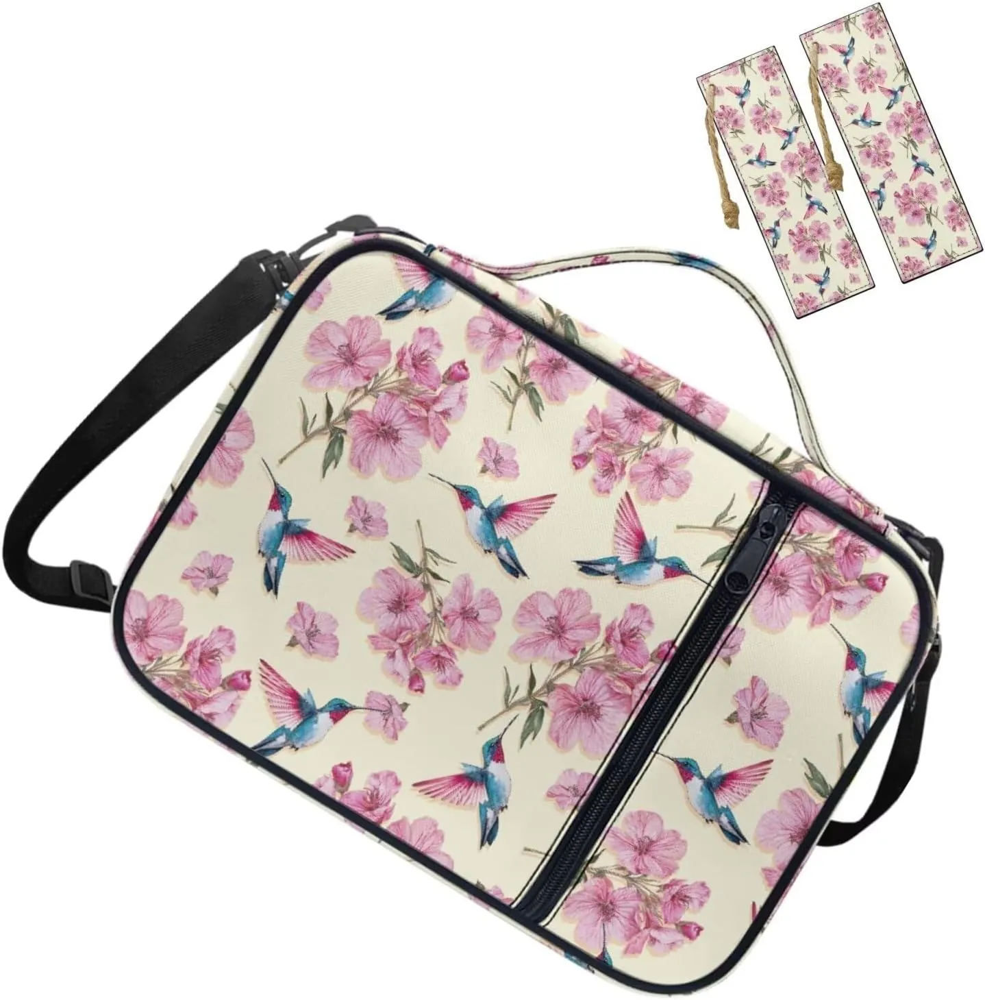Floral Hummingbird Bible Carrying Case for Women with 2 Leather Bookmarks Big Girls Lightweight Waterproof Church Crossbody Bag for Standard and Large Study Bible,Pink