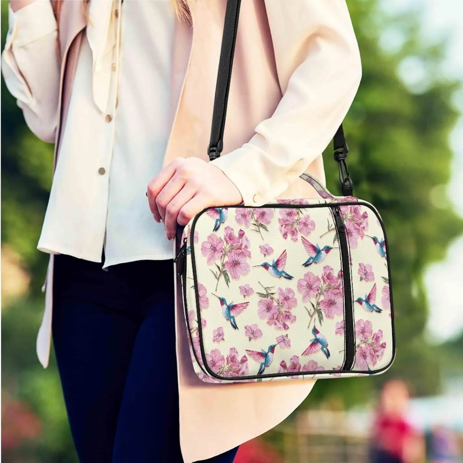 Floral Hummingbird Bible Carrying Case for Women with 2 Leather Bookmarks Big Girls Lightweight Waterproof Church Crossbody Bag for Standard and Large Study Bible,Pink