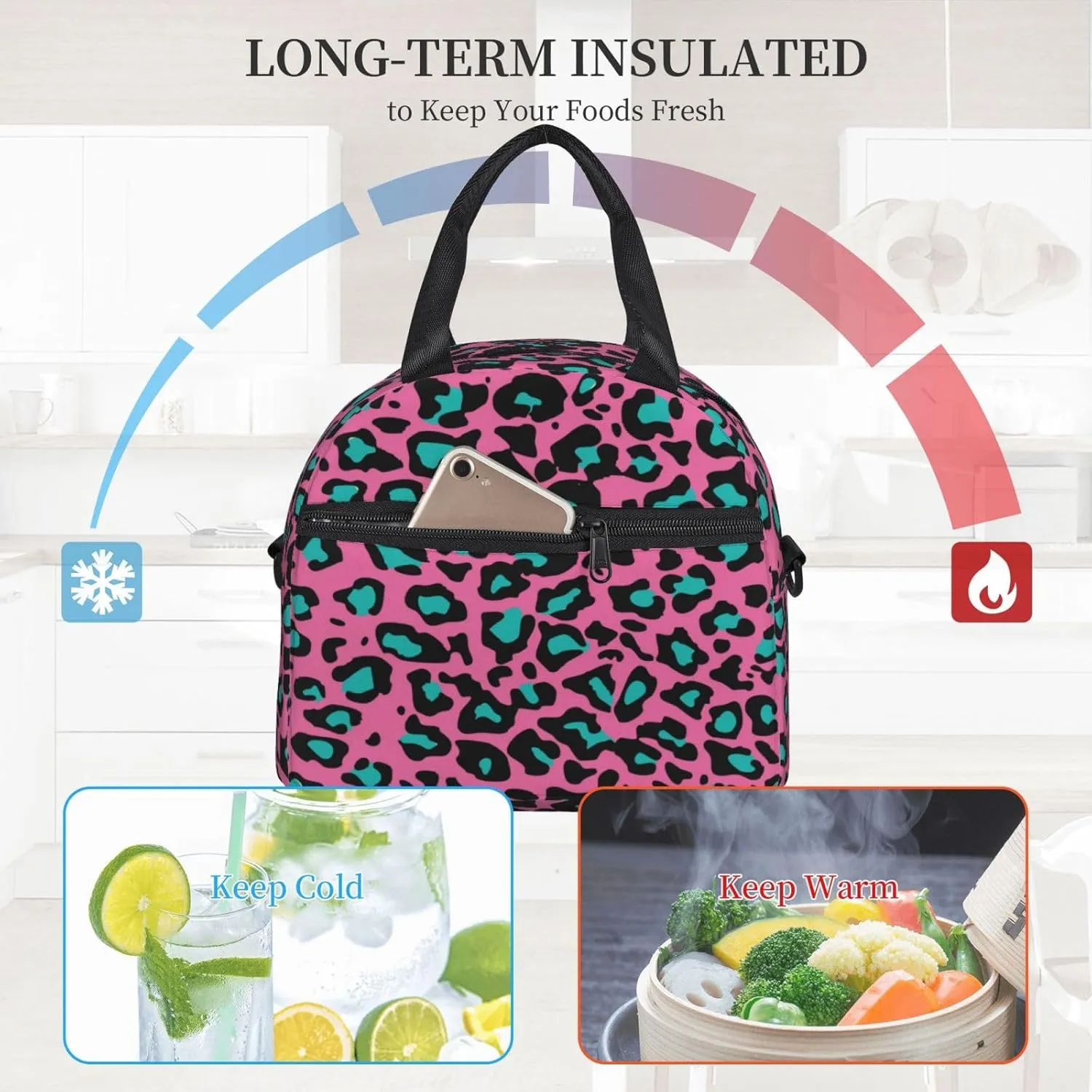 Floral Pattern,Insulated Reusable Lunch Bag with Adjustable Shoulder Strap for Adults,Swirled Mix Flower Petals,Leakproof Office Picnic Hiking Beach Tote Bag,Blue White,9x5x7.8in