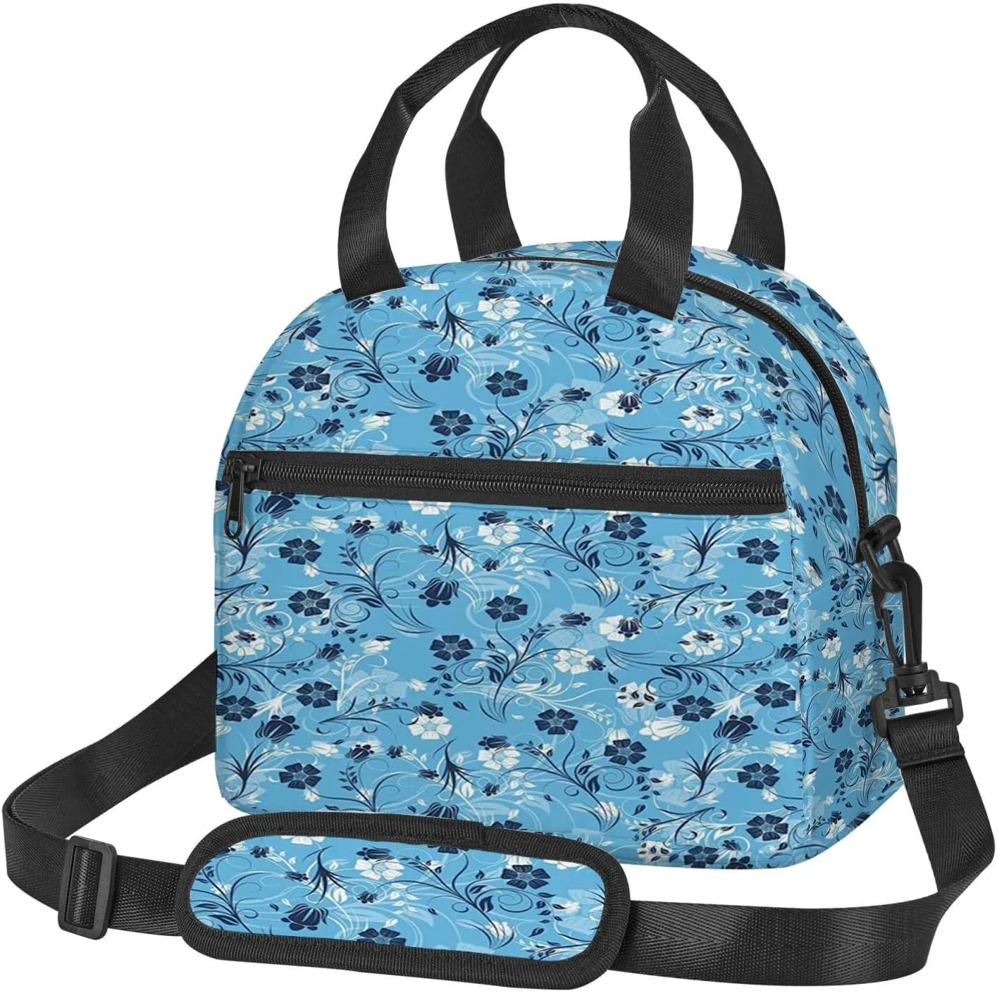 Floral Pattern,Insulated Reusable Lunch Bag with Adjustable Shoulder Strap for Adults,Swirled Mix Flower Petals,Leakproof Office Picnic Hiking Beach Tote Bag,Blue White,9x5x7.8in