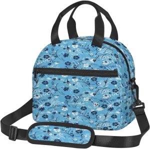 Floral Pattern,Insulated Reusable Lunch Bag with Adjustable Shoulder Strap for Adults,Swirled Mix Flower Petals,Leakproof Office Picnic Hiking Beach Tote Bag,Blue White,9x5x7.8in