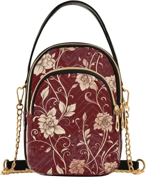 Floral Vine Drawing Maroon Multi Pockets Crossbody Bags for Women Zip Cell Phone Purse Wallet Bag with Detachable Shoulder Strap Handbag Purse for Women Girls Trendy Shopping Traveling Working Gift