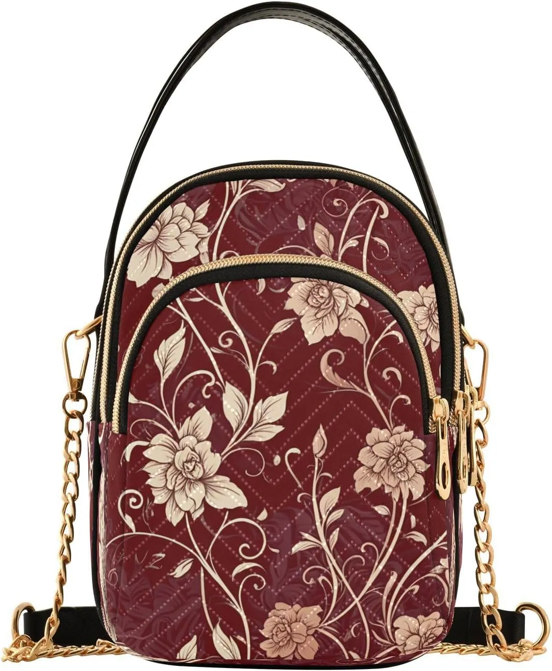 Floral Vine Drawing Maroon Multi Pockets Crossbody Bags for Women Zip Cell Phone Purse Wallet Bag with Detachable Shoulder Strap Handbag Purse for Women Girls Trendy Shopping Traveling Working Gift