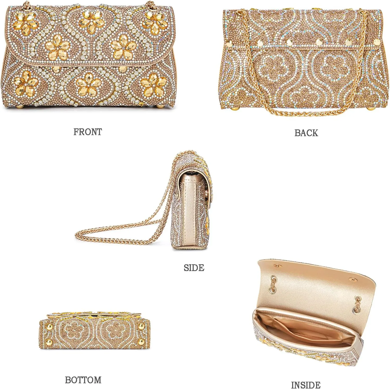 Flower Evening Handbags Chain Strap Square Shoulder Bag Crossbody Bag Crystals Rhinestone Clutch Purse