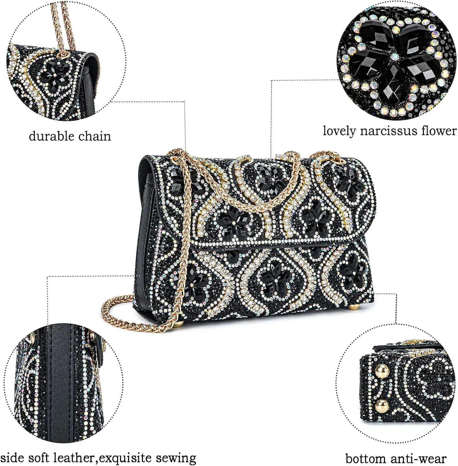 Flower Evening Handbags Chain Strap Square Shoulder Bag Crossbody Bag Crystals Rhinestone Clutch Purse